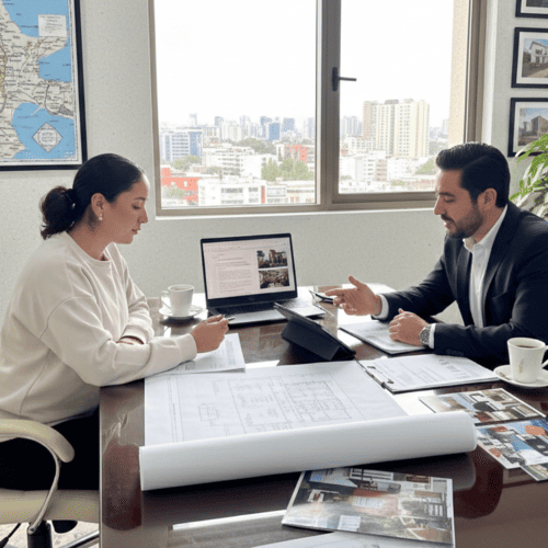 Clienta mujer recibiendo asesoría inmobiliaria