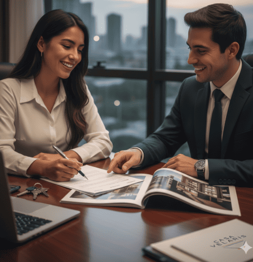 Mujer joven adquiriendo su departamento con asesor inmobiliario