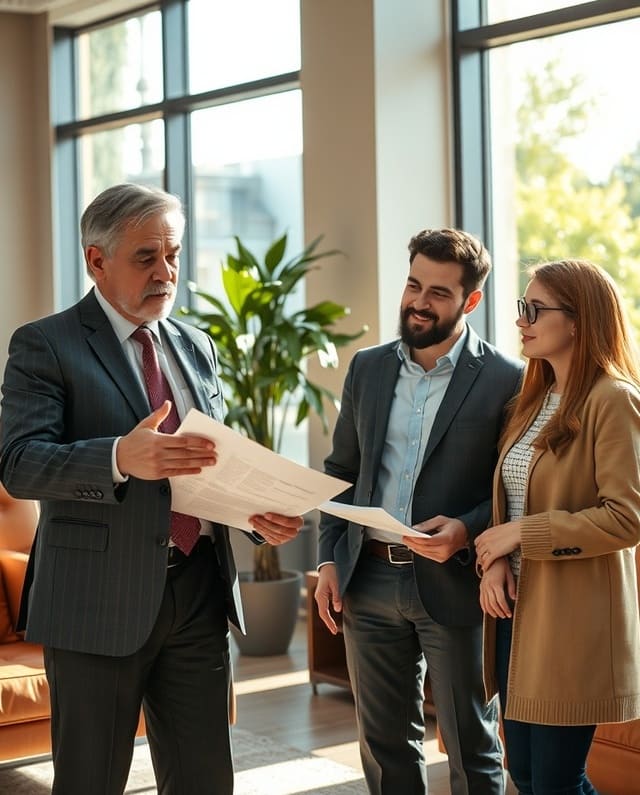 abogado inmobiliario asesorando a pareja en escrituración