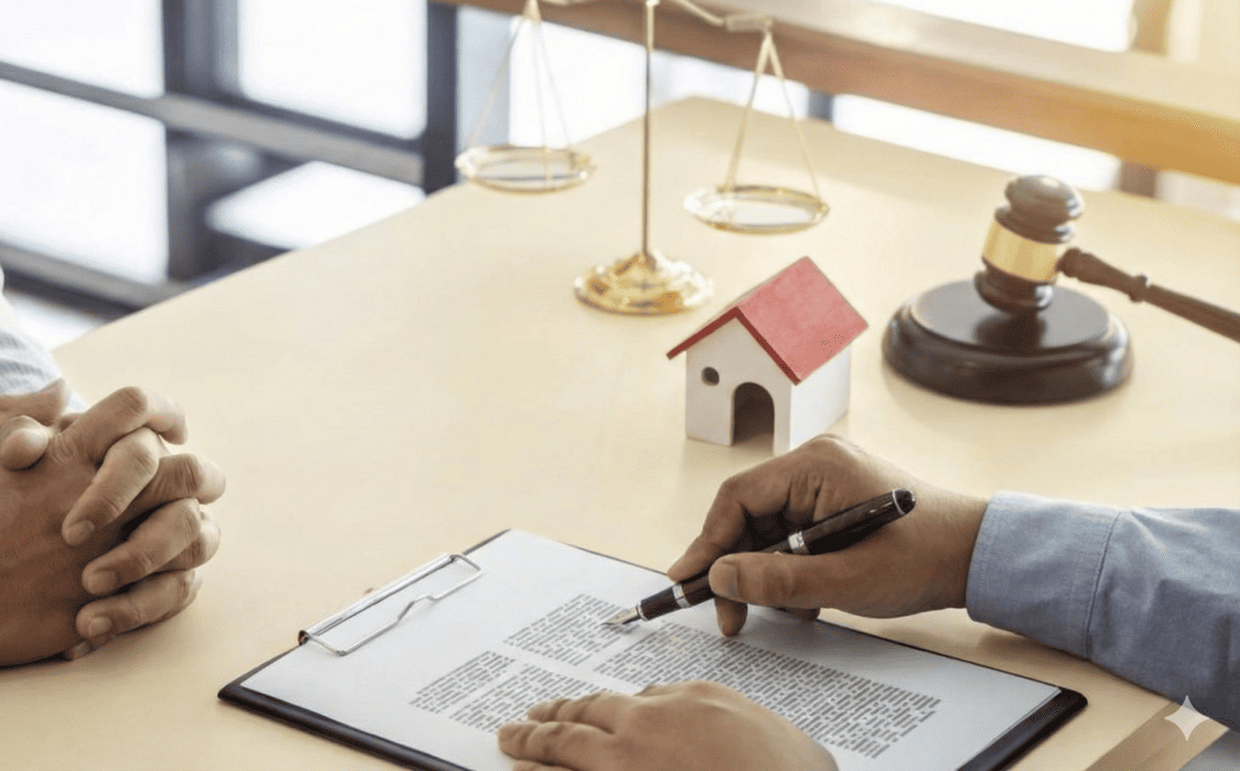 abogado inmobiliario explicando términos y condiciones legales en compra de casa
