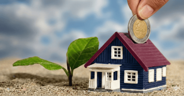 alcancía de casa y planta simulando crecimiento a largo plazo