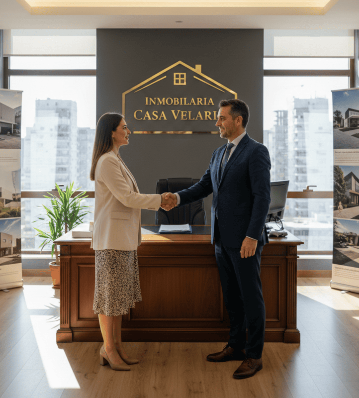 asesor inmobiliario de casa velaris y clienta cerrando trato en oficina