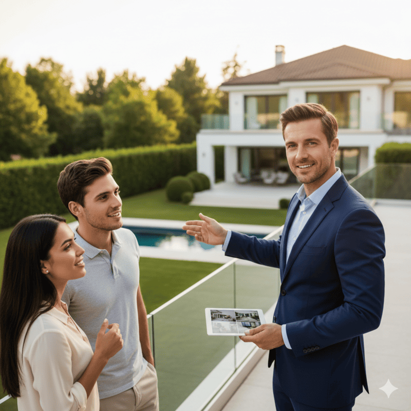 asesor inmobiliario con dos clientes para venta de su propiedad