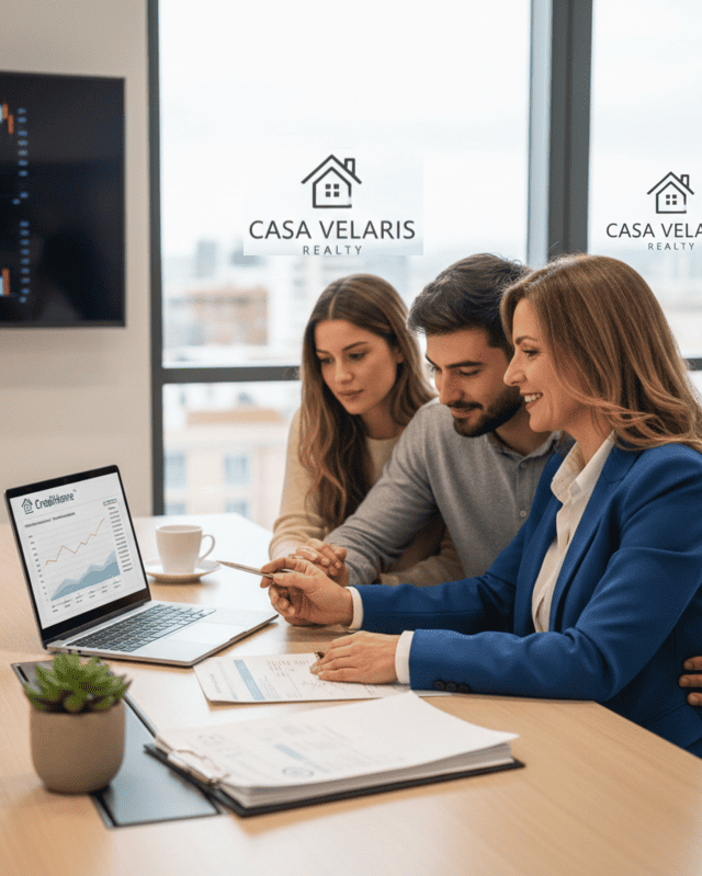 agente inmobiliario asesorando en crédito hipotecario a pareja