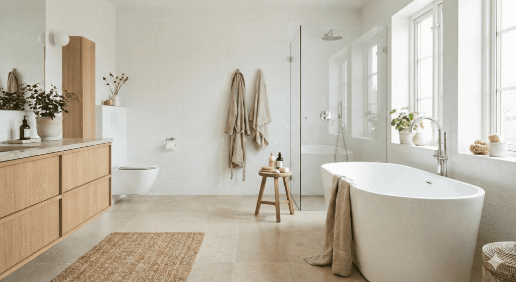 baño principal con tina y regadera estilo escandinavo