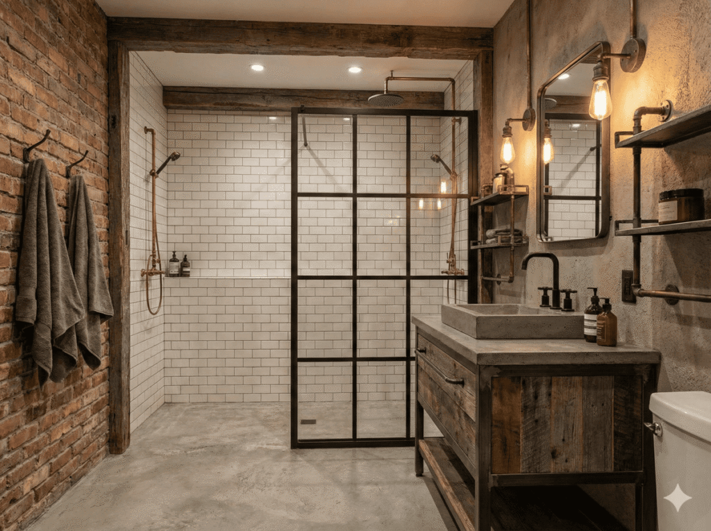 baño principal con cancel de cristal temática industrial con detalles en metal y madera