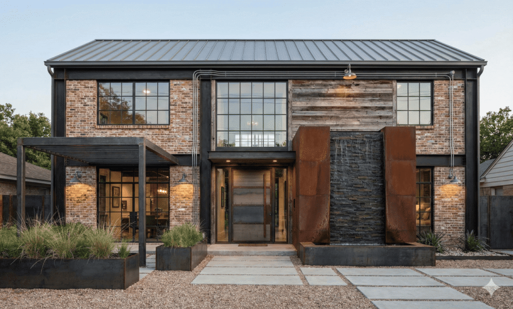 residencia de dos plantas con muro llorón temática industrial con detalles en metal y madera