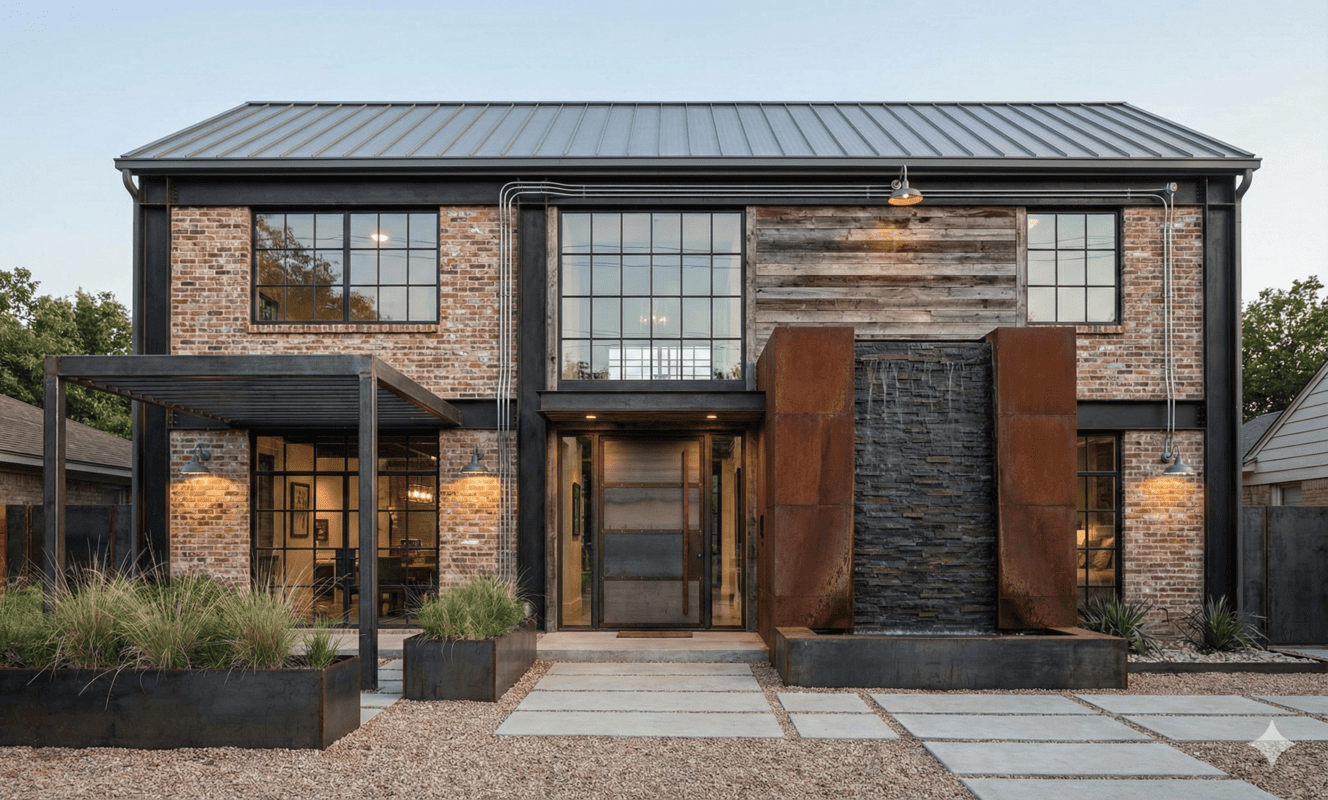 residencia de dos plantas con muro llorón temática industrial con detalles en metal y madera