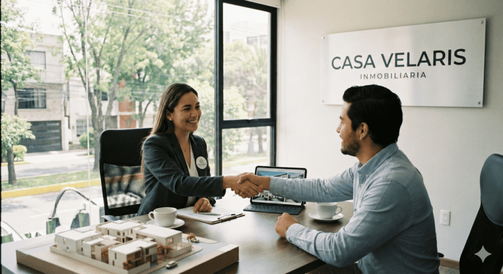 Agente inmobiliaria estrechando la mano del cliente en su oficina