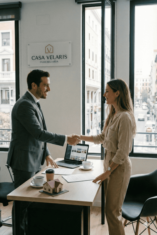clienta estrechando mano con agente inmobiliario en oficina