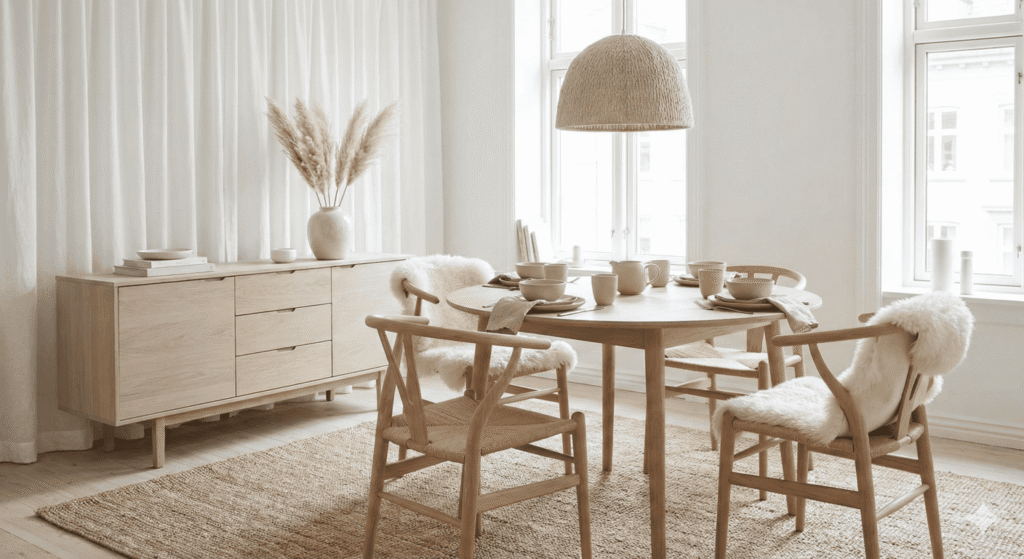 comedor para 4 personas con bufetera en estilo escandinavo