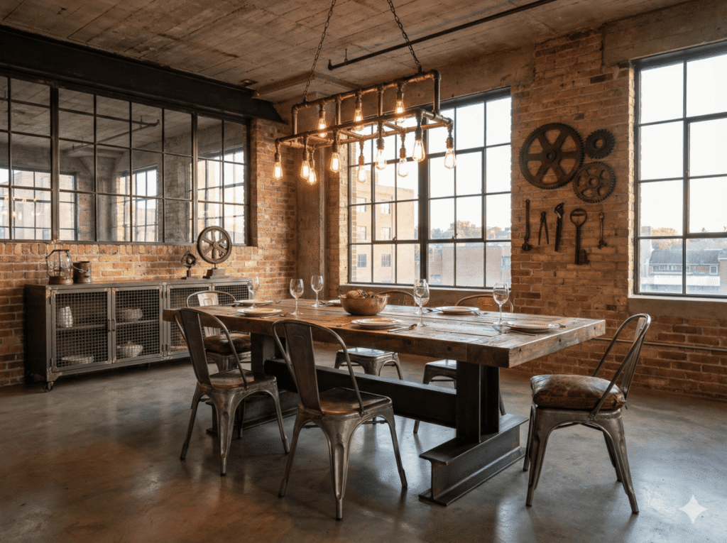 comedor de seis plazas temática industrial con detalles en metal y madera