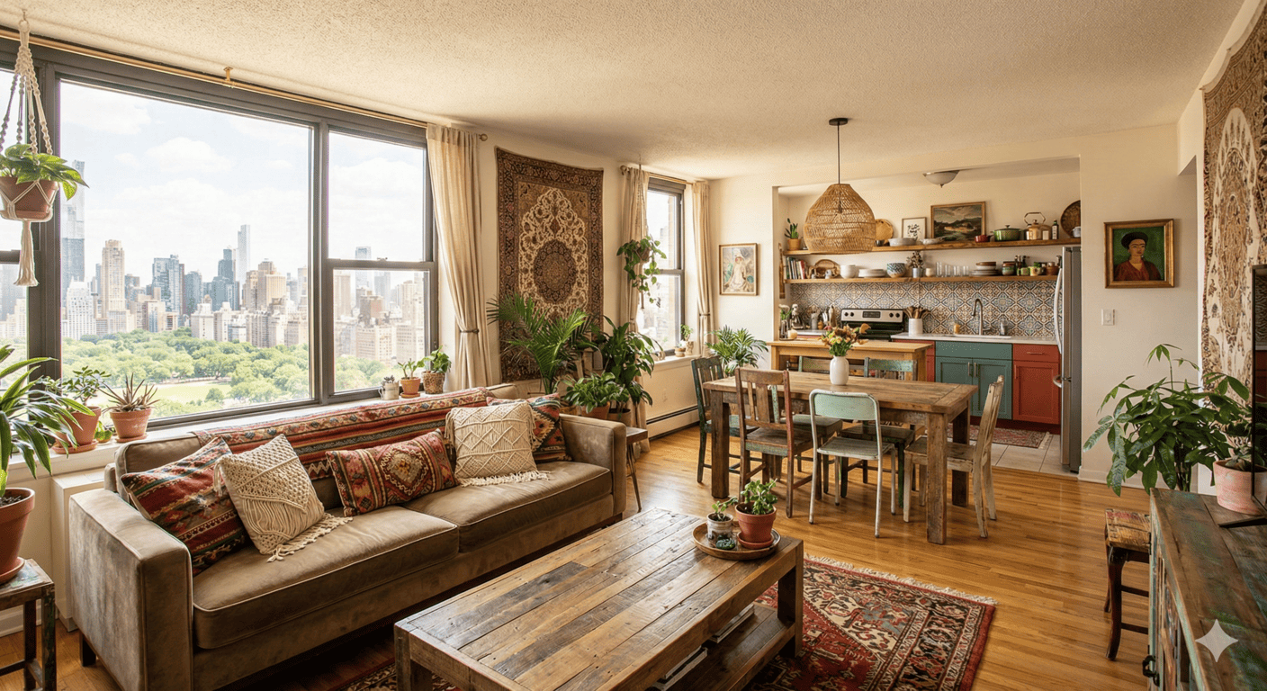 Departamento con sala, comedor y cocina espacio abierto estilo boho