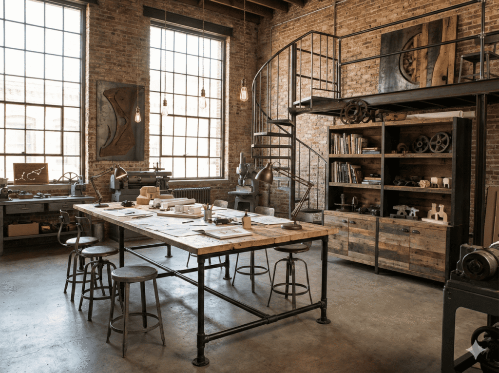 estudio temática industrial con detalles en metal y madera