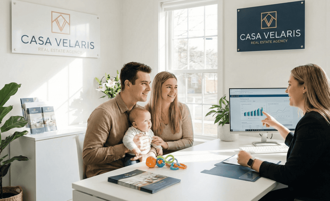 familia con bebe y asesor inmobiliario en oficina