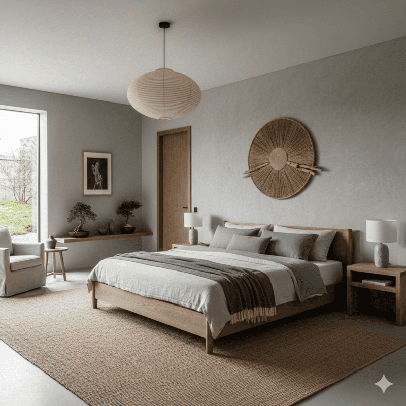 habitación con cama king size temática japandi