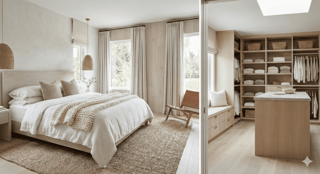 habitación principal con cama king size y walking closet estilo escandinavo