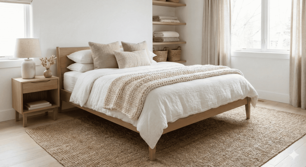 habitación secundaria con cama queen size closet estilo escandinavo