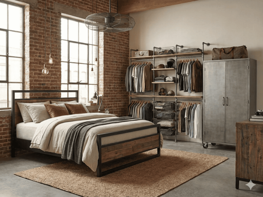 habitación secundaria con cama queen size temática industrial con detalles en metal y madera