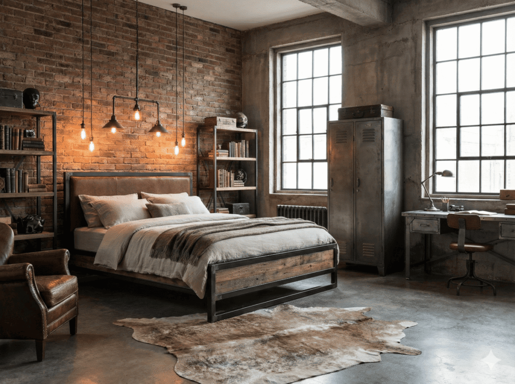 habitación principal cama king size temática industrial con detalles en metal y madera