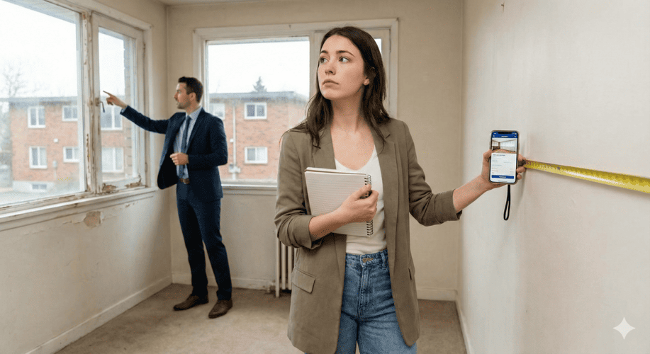 inversionista joven con asesor inmobiliario evaluando propiedad