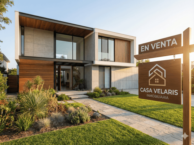 residencia moderna de dos plantas con jardin al frente en venta por inmobiliaria Casa Velaris