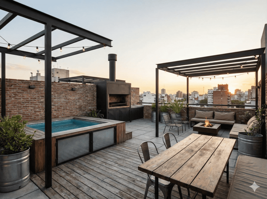 roof garden con área social alberca y asador temática industrial con detalles en metal y madera