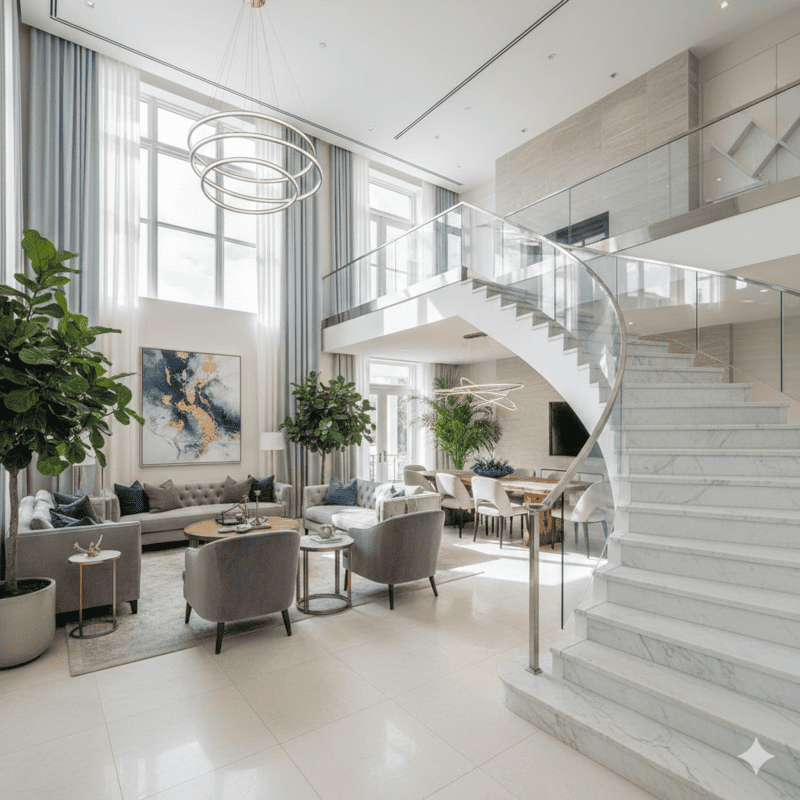 sala doble altura con escaleras de mármol y barandal de vidrio